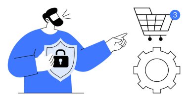 Kalkanı kilitli tutan adam, alışveriş arabasına ve teçhizata bakıyor, güvenlik ve ayarları gösteriyor. E-ticaret, siber güvenlik, teknoloji, alışveriş, çevrimiçi güvenlik, sistem ayarları için ideal