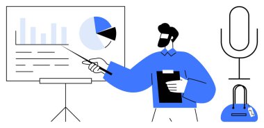 Profesyonel konuşmacı veri grafikleri ve grafikleri sunar. Anahtar elementler pano, sunum ekranı, mikrofon, el çantası. İş, eğitim, analiz, eğitim pazarlama yayını için ideal