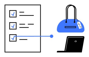 Dizüstü bilgisayara ve alışveriş çantasına işaretli kontrol listesi. E-ticaret, çevrimiçi alışveriş, perakende satış, görev yönetimi, iş planlaması, tüketici davranışı, pazarlama stratejileri için ideal. Çizgi