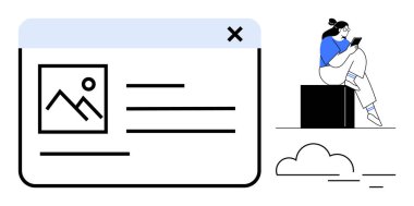 Tabletle siyah blokta oturan kadın. Resim ve metin ögelerini gösteren web tarayıcı penceresi. Teknoloji, web tasarımı, dijital medya, çevrimiçi öğrenme, içerik oluşturma, sosyal medya için ideal