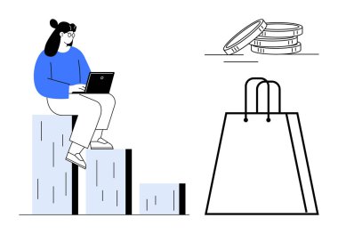 Dizüstü bilgisayar, üç bozuk para ve büyük bir alışveriş çantası kullanılarak istiflenmiş bloklarda oturan bir kadın. İş, finans, e-ticaret, çevrimiçi alışveriş, teknoloji yatırımı ekonomik büyüme için idealdir. Çizgi