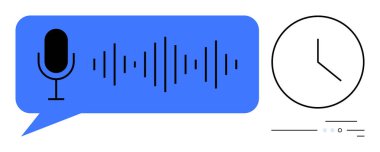 Saatin yanında ses dalgaları içeren bir konuşma balonunun içindeki mikrofon simgesi. Üretkenlik, teknoloji, iletişim, podcast, zaman yönetimi, medya ve yayın temaları için ideal. Satır metaforu