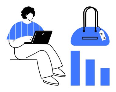 El çantası ve çubuk grafiğinin yanında dizüstü bilgisayar kullanan kişi. E-ticaret, iş analizi, perakende satış, çevrimiçi alışveriş, piyasa araştırması, veri analizi, tüketici davranışı için ideal. Satır metaforu