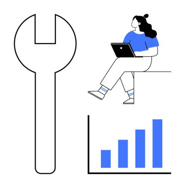 Kadın, ingiliz anahtarı ve bar çizelgesi simgeleriyle dizüstü bilgisayar kullanarak oturuyor. Teknoloji, dijital araçlar, iş analizleri, yazılım geliştirme, teknik destek, veri analizi, çevrimiçi öğrenme için ideal. Çizgi