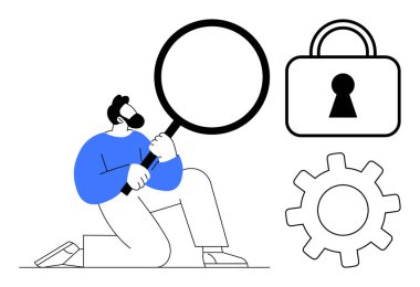 Diz çöküp elinde kilit ve dişli ikonlarıyla büyüteç tutan adam güvenlik, soruşturma ve teknolojiyi sembolize ediyor. Siber güvenlik, veri analizi, bilişim çözümleri, araştırma ve problem çözme için ideal