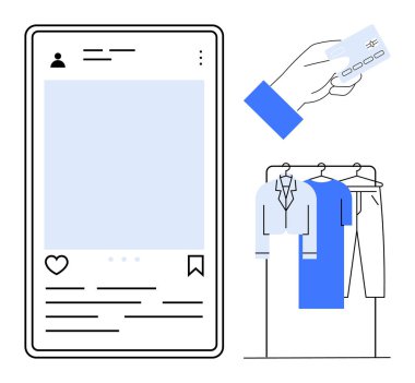Sosyal medya paylaşımını gösteren mobil uygulama arayüzü, kredi kartı tutan el gömlekli ve pantolonlu elbise askısı. Çevrimiçi alışveriş için ideal, sosyal ticaret, e-ticaret, mobil uygulamalar, dijital