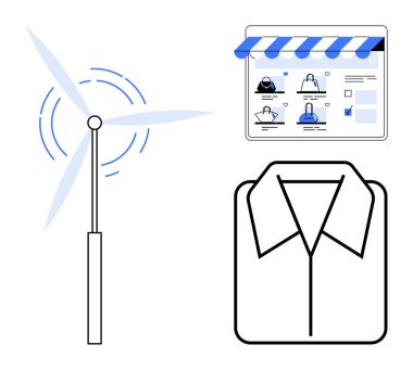 Ürün listeleriyle e-ticaret arayüzü, moda simgesi ve rüzgar türbini. Çevrimiçi alışveriş, moda endüstrisi, yenilenebilir enerji, çevre dostu işletmeler, dijital