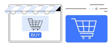 Çizgili tente ve Buy düğmesi olan bir mağazanın önündeki alışveriş arabası ikonu. E-ticaret, çevrimiçi mağazalar, perakende satış, dijital pazarlama, web sitesi tasarımı, müşteri deneyimi ve satış için ideal