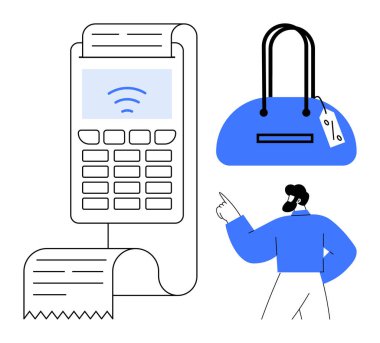 Faturalı satış noktası terminali, üzerinde fiyat etiketi olan mavi bir alışveriş çantası ve müşteri gösterimi. Perakende satış, ödeme işleme, e-ticaret, alışveriş, müşteri hizmetleri, teknoloji promosyonları için ideal