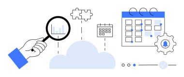 Bar grafiği, bulmaca parçaları, takvim ve teçhizatla el ele tutuşan büyüteç. Proje planlaması, veri analizi, bulut hesaplaması, üretkenlik, takım çalışması planlama yönetimi için ideal
