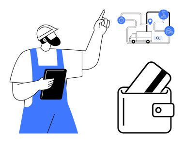 Tablet tutan ve lojistik diyagramını gösteren mavi tulumlu bir işçi. Yanında kredi kartı olan bir cüzdan. Lojistik planlama, dağıtım hizmetleri, mali yönetim ve iş için ideal