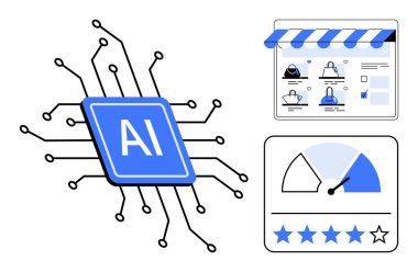 AI mikroçip, çevrimiçi mağaza önü, hız göstergesi ve yıldız derecelendirme sistemi. Modern teknoloji, e-ticaret, çevrimiçi alışveriş, yapay zeka entegrasyonu, performans takibi, müşteri geribildirim verileri için ideal