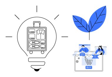 Light bulb with organized suitcase, shopping cart with BUY button and users, blue leaf. Ideal for travel planning, e-commerce, sustainability, creative ideas, eco-friendly themes, product design clipart