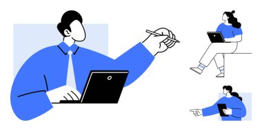 Profesyonel bir iş adamı dizüstü bilgisayarda çalışıyor, elinde tablet olan bir kadın, otururken dizüstü bilgisayar kullanan başka bir kadın. Uzak çalışma, takım işbirliği, dijital toplantılar, iş sunumları, iş akışı için ideal