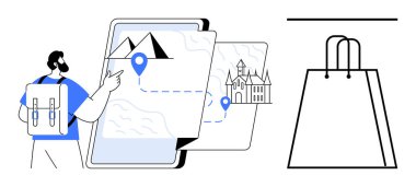 Sırt çantası işaretleri tabletlerdeki dağları ve kaleyi gösteren dijital haritaları gösteriyor. Seyahat planlama, turizm, seyrüsefer, macera, teknoloji, e-ticaret, açık hava aktiviteleri için ideal. Çizgi