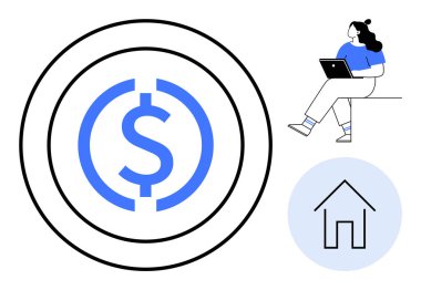 Dizüstü bilgisayar kullanan kadın karakter, eşmerkezli daireler içinde büyük para birimi sembolü, ev sembolü. Finansal konular için ideal, evden çalışma, çevrimiçi yatırım, tasarruf, ev bütçesi