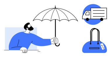 Bir teslimat kamyonu ve fiyat etiketli bir el çantasının altında şemsiye uzatan bir adam. Sigorta, teslimat hizmetleri, online alışveriş, e-ticaret, koruma, müşteri hizmetleri, güvenlik için ideal. Çizgi