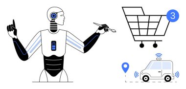 Kalem kullanan gelecekçi bir robot. Bildirimleri olan akıllı bir alışveriş arabası. Konum işaretli kendi kendine giden bir araba. Yapay zeka teknolojisi, robot bilimi, e-ticaret, otomasyon, akıllı ulaşım, lojistik için ideal.