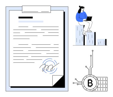 Solda imzası olan büyük bir sözleşme, yükselen bar çizelgesinde oturan dizüstü bilgisayarda çalışan bir kadın, kripto para birimini temsil eden Bitcoin sembolü. Finans, teknoloji, sözleşmeler ve dijital için ideal
