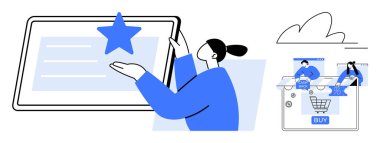 Rakamlar İnternet 'ten alışveriş yaparken, bir kadının bir derecelendirme yıldızını gösteren dijital tabletle etkileşime girmesi. Dijital etkileşim için ideal, kullanıcı geribildirimi, çevrimiçi alışveriş, e-ticaret, müşteri değerlendirmesi, tüketici