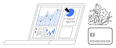 Finansal veri grafikleri, bir pasta grafiği, bar grafikleri ve dekore edilmiş bitki ve kredi kartıyla birlikte bir dizüstü bilgisayarda gösteriliyor. İş analizleri, finans, yatırım için ideal