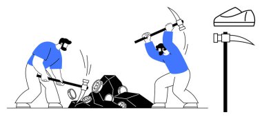 Çekiç ve kazmayla büyük kayaları kıran iki adam, ayrı ayrı sergilenen güvenlik ayakkabıları ve aletleri. El işçiliği, madencilik endüstrisi, takım çalışması, güvenlik teçhizatı, ağır makine kullanımı için ideal