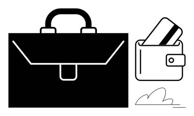 İçinde kredi kartı, mali yönetim, profesyonellik ve organizasyon temaları bulunan iş çantası ve cüzdan. İş konuları, finans, tasarruf, kurumsal ayarlar için ideal