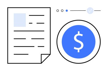 Metin içerikli belge, mavi daire üzerindeki dolar işareti ve yatay ilerleme göstergesi. Finans, bütçe, iş raporları, ekonomik analiz, proje yönetimi ve denetim için ideal