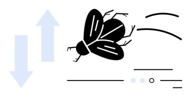 Üzerinde oklar ve minimalist çizgiler olan uçan bir böceğin siyah silueti. Bilim, doğa, entomoloji, eğitim, büyüme, hareket, enerji temaları için idealdir. Satır metaforu