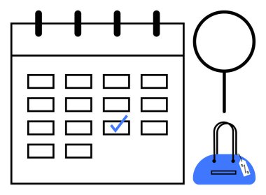 Belirlenmiş tarihli takvim, büyüteç, fiyat etiketli çanta. Planlama, planlama, etkinlikler, organizasyon, analiz, perakende yönetimi kişisel finansmanı için ideal. Satır metaforu