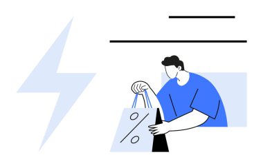 İndirimli alışveriş torbası tutan kişi, hareketi gösteren çizgiler, şimşek çakması hızı. Pazarlama, satış, e-ticaret, promosyonlar, hızlı servis reklam perakendecisi için ideal. Satır metaforu