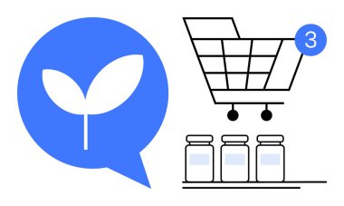 Üç parçalı alışveriş arabası, konuşma balonunda yaprak ve rafta kavanozlar. E-ticaret, sürdürülebilirlik, market teslimatı, organik ürünler, çevrimiçi alışveriş, çevre dostu işletmeler için ideal
