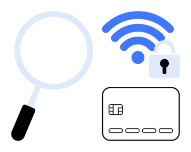 Büyüteç, kablosuz sinyal, kilit ve kredi kartı. Siber güvenlik, çevrimiçi ödemeler, internet gizliliği, web koruması, dijital işlemler kimlik hırsızlığı için ideal. Çizgi