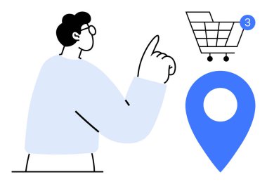 Tebligat ve lokasyon şifresi ile alışveriş arabasını işaret eden kişi online alışveriş ve teslimat hizmetlerinin altını çiziyor. E-ticaret, lojistik, müşteri hizmetleri, dijital pazarlama, cep telefonu için ideal