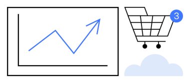Yükselen oklu büyüme tablosu, üç parçalı alışveriş arabası ve bulut simgesi. E-ticaret, satış, iş büyümesi, finansal analitik, bulut hizmetleri, çevrimiçi alışveriş dijital pazarlama için ideal