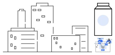 Çizgili sanat gökdelenleri bir süt kutusu ikonu ve para dolu dijital alışveriş arabasının yanında şehir manzarası oluşturuyorlar. Kentsel yaşam için ideal, çevrimiçi alışveriş, e-ticaret, şehir planlaması, tüketici malları
