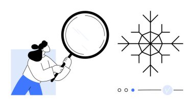Büyük kar tanelerini büyüteçle inceleyen bir kadın. Araştırma, bilim, eğitim, analiz, gözlem, odaklanma ve kış çalışmaları için ideal. Satır metaforu
