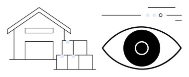 Depo tarafından istiflenmiş kutular depolamayı ve lojistiği sembolize ederken, bir göz ikonu izleme ve gözlemi temsil ediyor. E-ticaret, envanter yönetimi, güvenlik sistemleri, tedarik zinciri için ideal
