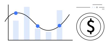 Finansal veri noktaları ve dolar sembolünü gösteren üç dikey çizgi grafiği ve dalgalanan çizgi grafiği. Finans, ekonomi, iş büyümesi, pazar analizi, yatırım, veri için ideal