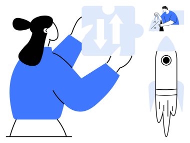 Ekip üyesi, başka biri çalışırken yapboz parçasının sembolünü oklarla tutturuyor. Roket fırlatmaya hazır. Başlangıç kültürü, yenilik, takım çalışması, hedef belirleme, işbirliği, sorun çözme için ideal