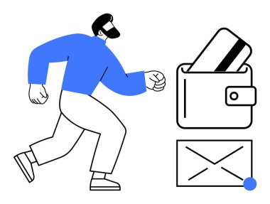 Bir adam bir zarf ikonu eşliğinde bir kredi kartı takmak için bir cüzdana doğru yürüyor. Kişisel finans, bütçe, çevrimiçi ödemeler, mali planlama, güvenlik, e-posta temaları için ideal