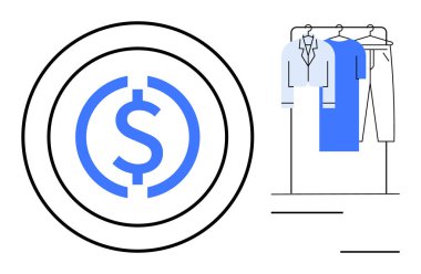 Üzerinde gömlek ve pantolon olan bir elbise rafının yanında dolar işareti daireler çizmiş. Moda perakende satış, giyim fiyatları, dış ticaret, finansal planlama, pazarlama stratejileri, giyim tasarımları, bütçeler için idealdir. Çizgi
