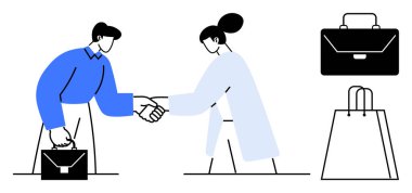 İş adamları el sıkışıyor, adam evrak çantasını tutuyor, kadın topuz yiyor. Evrak çantası ve alışveriş çantaları yakınlarda. İş anlaşmaları, ortaklıklar, anlaşmalar, alışveriş, perakende işbirliği için ideal