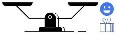 Dengeli bir ölçek, iki boş tava, mavi bir mutlu yüz ve bir hediye kutusu. Adalet, mutluluk, ödül sistemleri, denge, tatmin motivasyon müşteri deneyimi için idealdir. Satır metaforu