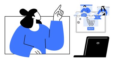 Kadın, alışveriş arabası, nakit para ve indirim simgelerini gösteren bilgisayar ekranını işaret ediyor. E-ticaret, dijital pazarlama, çevrimiçi satışlar, alışveriş, kullanıcı arayüzü tasarımı, perakende tanıtımları için ideal