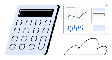 Hesap makinesi, grafik çizelgeleri, çizgi grafiği ve bulut sembolü ile finansal analizi ve veri depolamayı temsil ediyor. İş, finans, veri analizi, bütçe, muhasebe, bulut hizmetleri için ideal