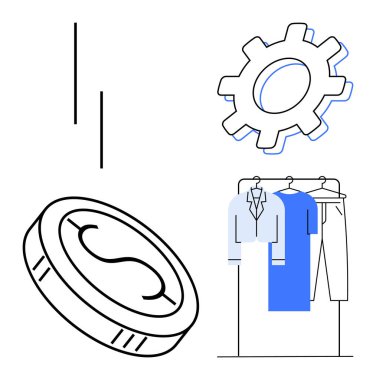 Clothing items on a rack, stylized coin, and gear icon representing retail planning and business mechanics. Ideal for retail management, online stores, inventory control, fashion business, startup clipart