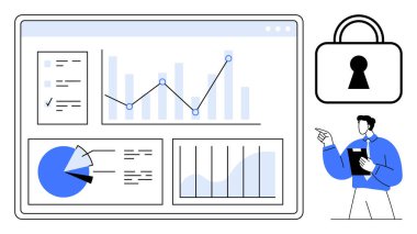 Veri analisti güvenlik kilidi simgesiyle birlikte ekran grafiklerini, grafiklerini ve pasta grafiklerini gösteriyor. Analiz, veri güvenliği, siber güvenlik, iş zekası, veri yönetimi için ideal