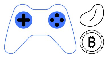 Gaming controller with blue and black buttons, cryptocurrency coin with Bitcoin symbol, and bean shape outline. Ideal for gaming, technology trends, cryptocurrency, digital finance, blockchain clipart