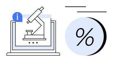 Bir dizüstü ekranda mikroskop simgesi, bir bilgi sembolü ve mavi yüzde işareti eşliğinde görüntülendi. Bilimsel araştırma, veri analizi, eğitim, teknoloji ve tıp eğitimi için ideal